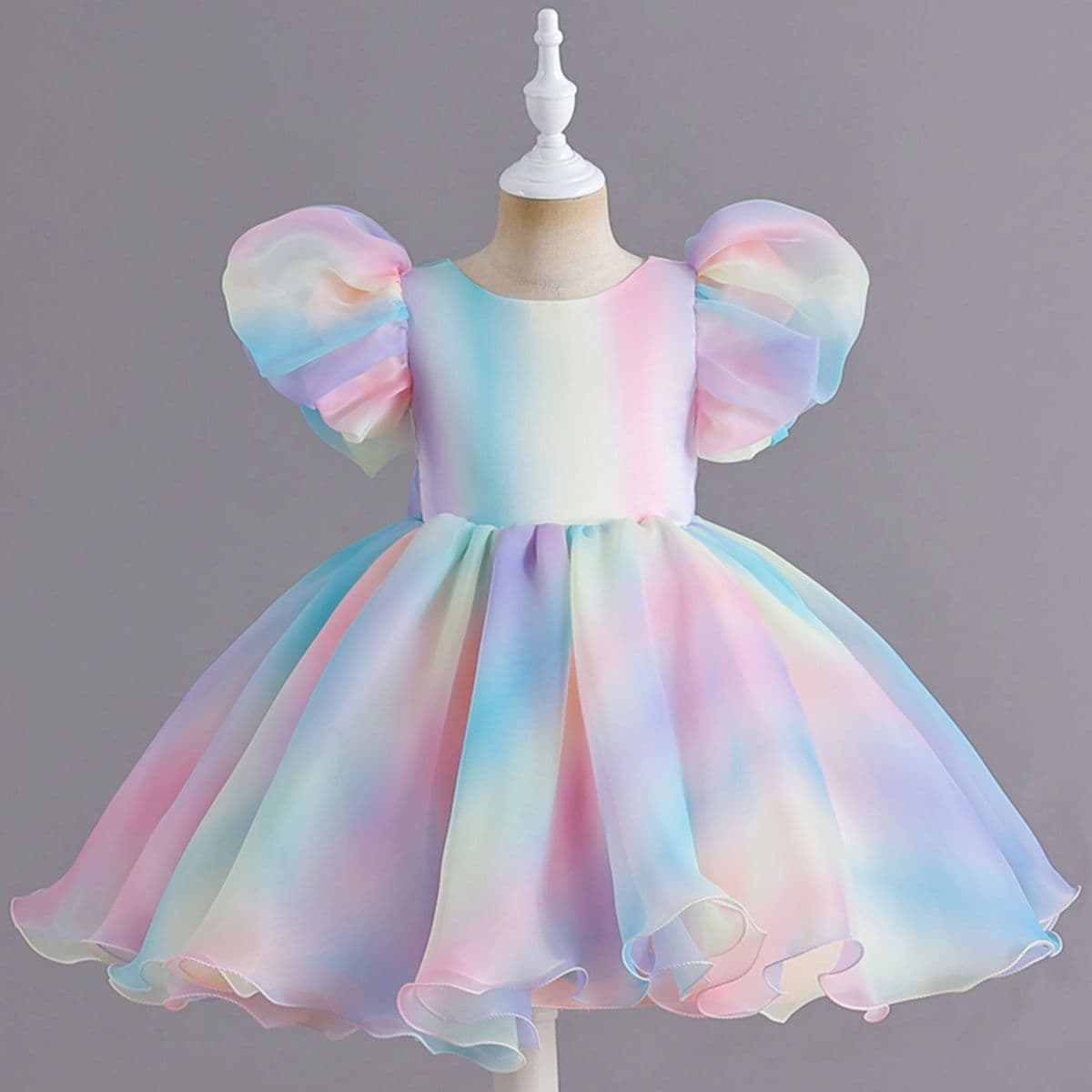 Girls Colorful Gradient Irregular Dress Puff Sleeve Princess Dress Children's Mesh Puff Skirt Dress Wholesale