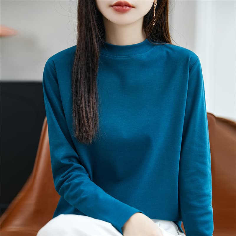 Cotton White Half Turtle Neck T-Shirt Women's Long Sleeve 2024 Spring and Summer New Style Bottoming Shirt Versatile T-shirt Tops Dropshipping