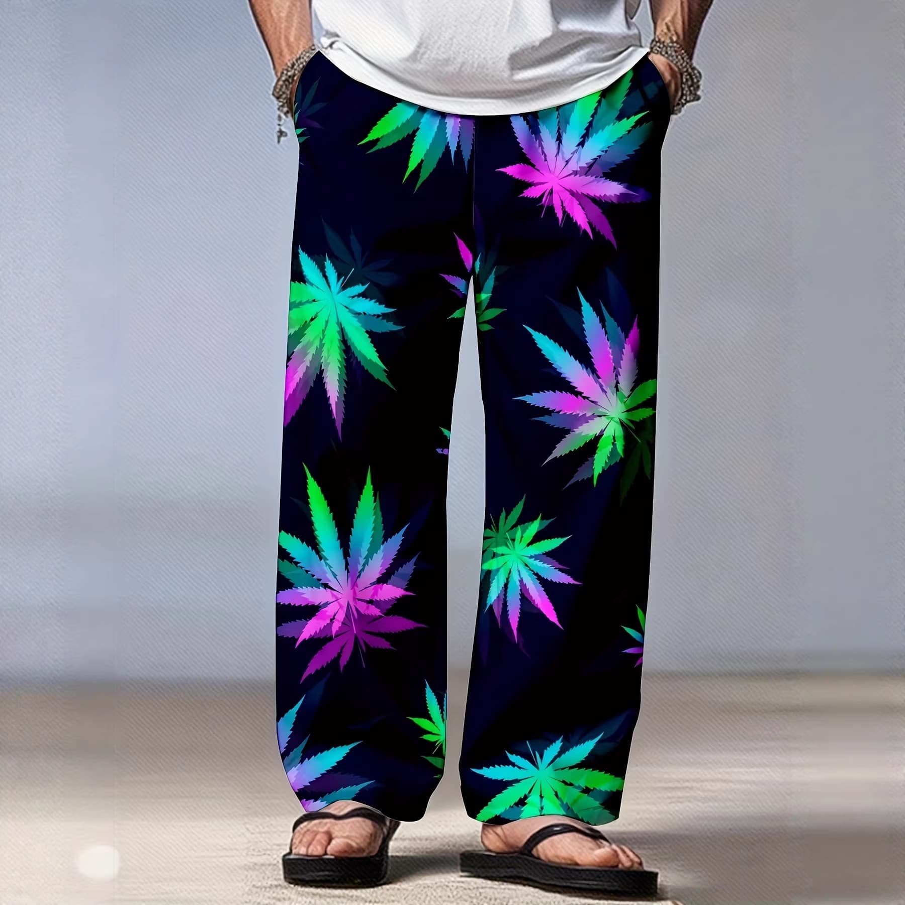 Cross-border Hot Selling Casual Sports Pants for Men Hawaiian Beach Shorts Drawstring Pocket Long Pants Loose Fit Pants One Piece Start