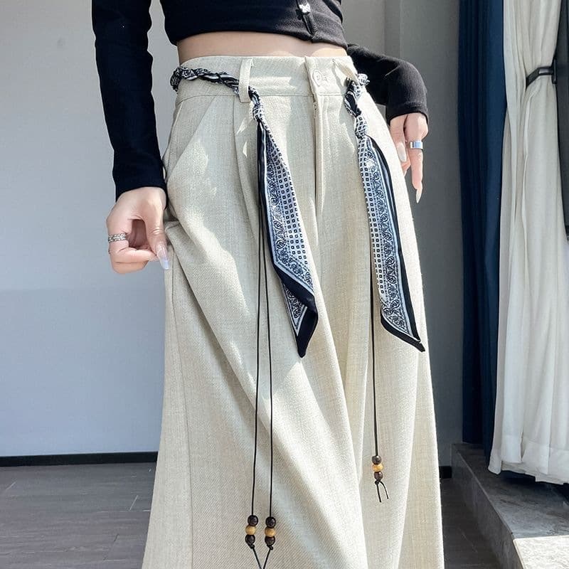 High-Waist Wide-Leg Suit Trousers with Belt, Straight-Leg Casual Pants, Knitted, Slimming, Spring/Summer New Arrival
