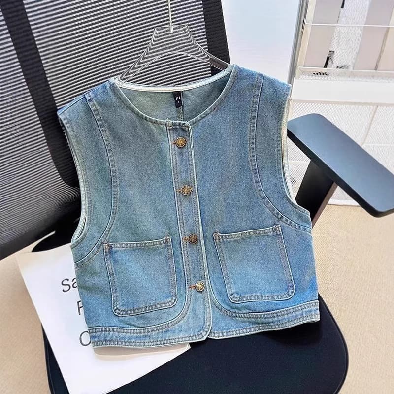 Korean-style Layering Round Neck Denim Vest for Women, Spring/Autumn Loose Short Sleeveless Casual Vest Jacket Trendy