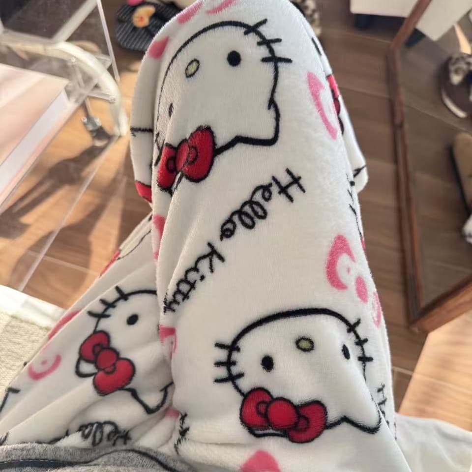 Amazon Cartoon White Hello Kitty Flannel Pajama Pants for Women, Autumn/Winter, Fleece-Lined, Warm, Casual, Home, Graffiti Print