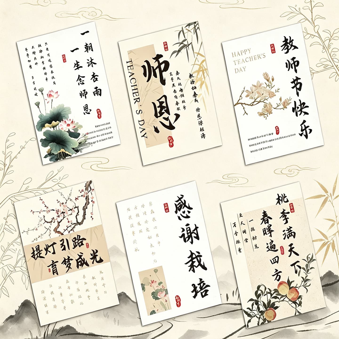 Teacher's Day Chinese Style Calligraphy Card Gift for Teacher, Flower Bouquet Greeting Card Gratitude Small Card, Floral Shop Wholesale