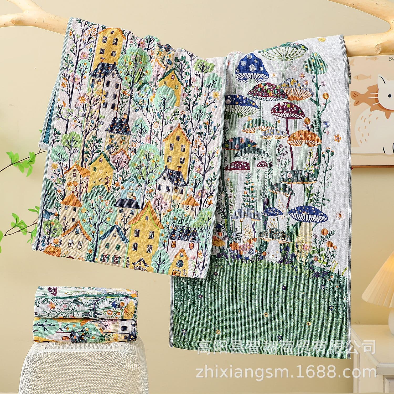 Mushroom cross-border cartoon jacquard 4-layer cotton gauze square towel bath towel, soft and breathable, gift large bath towel