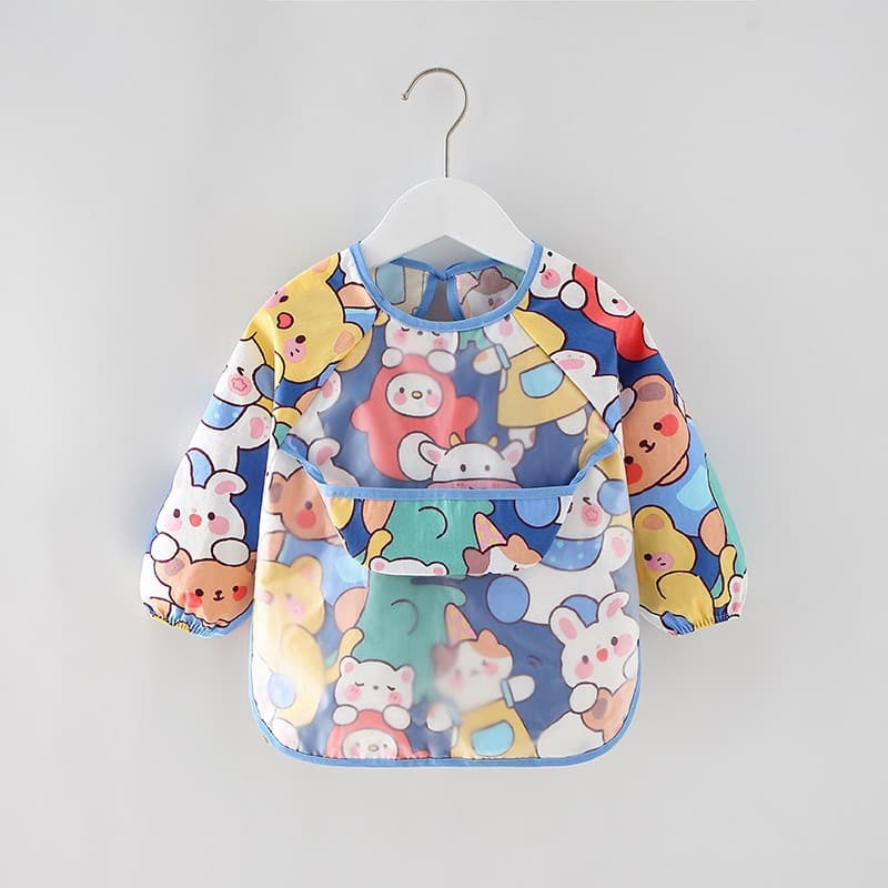 Waterproof Long-Sleeved Children's Coverall, Reverse Wear Feeding Apron with Cotton Lining and Baby Bib Protection