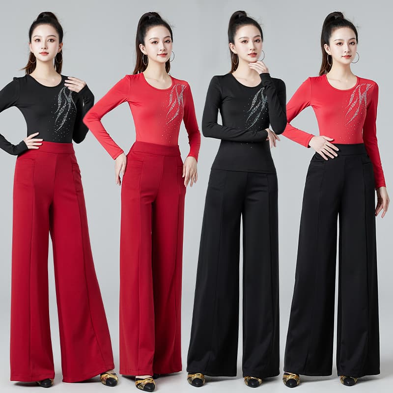 Three-Step Stomp New Style Rhinestone Dance Wear Slim Fit Top High-Waist Wide-Leg Pants Set - YM2503