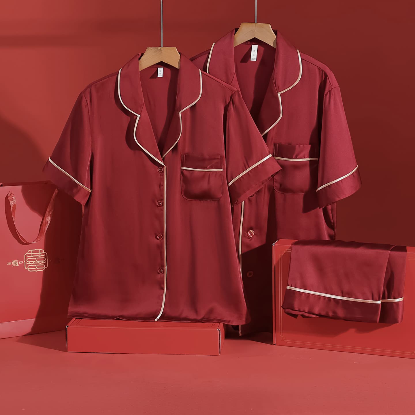 High-End Wedding Pajama Set for Couples, Ice Silk Red Festive Bridal Pajamas for Men and Women, Premium Dowry Suit