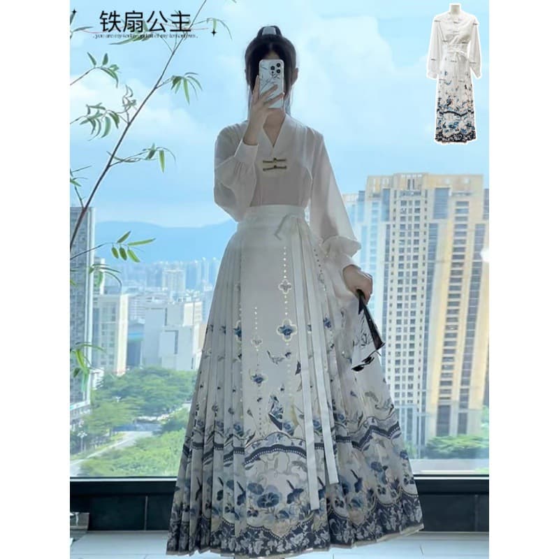 Blue and white porcelain new Chinese style Chinese style Hanfu blue horse face skirt top suit women's daily commuting autumn wear