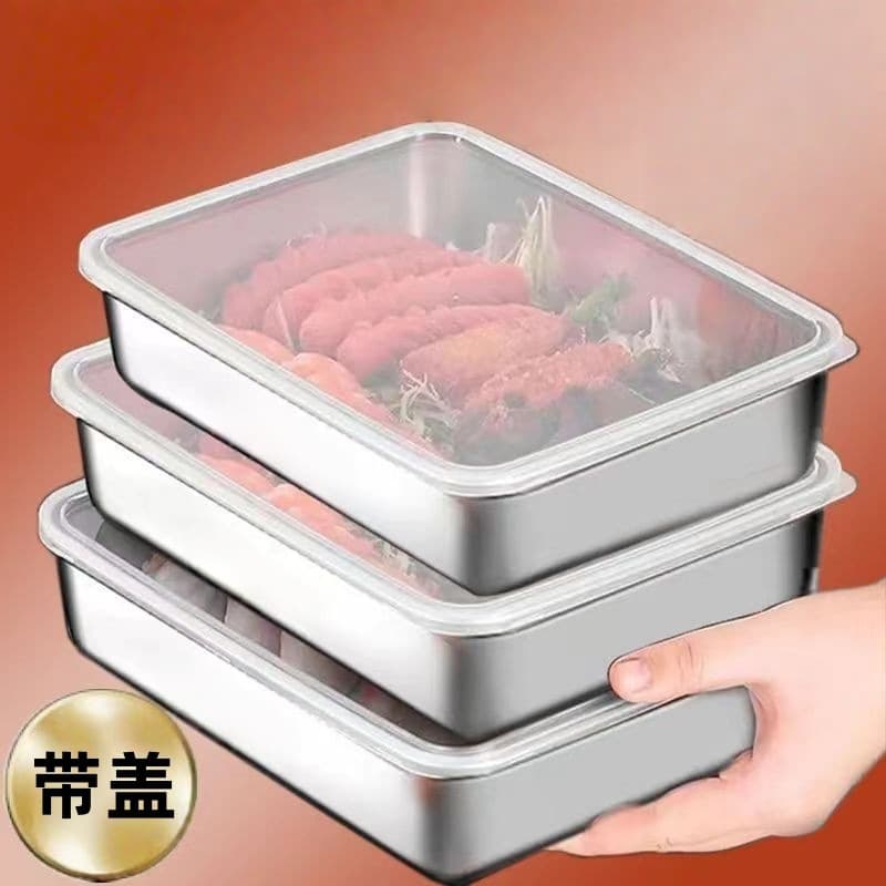 304 Stainless Steel Food Storage Tray with Lid, Towel Pan, Square Pan for Refrigerator, Roasting Fish Tray, BBQ Cold Dish Tray, Fruit Tray