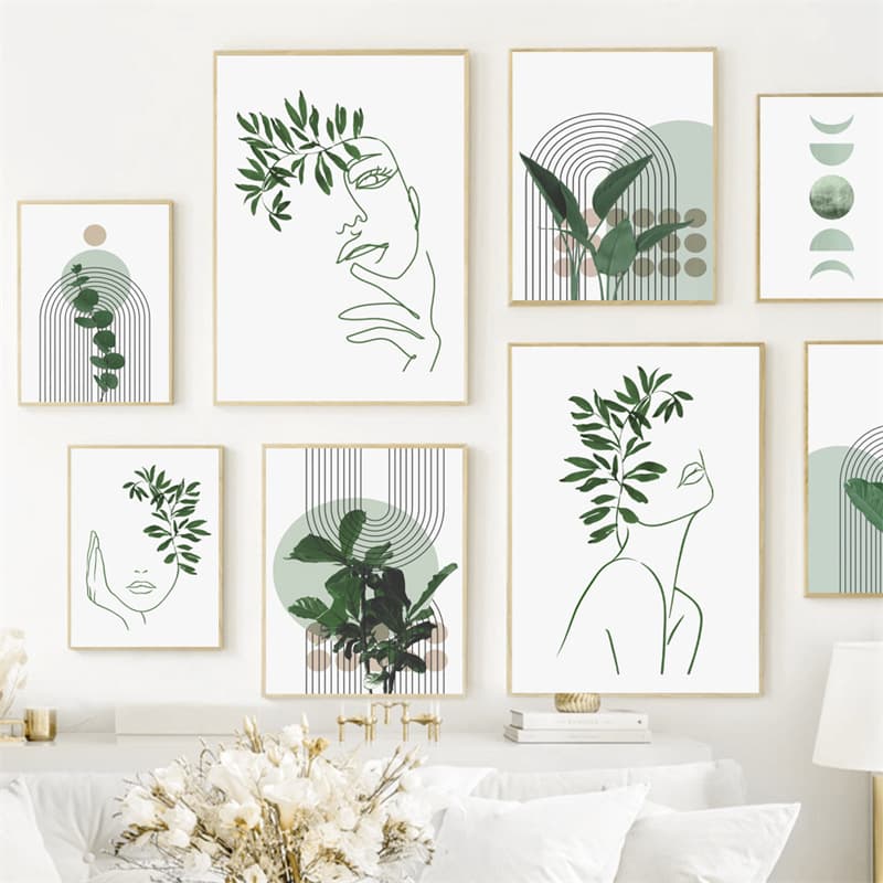 Modern minimalist fresh abstract geometric face lines green leaves poster painting core home decoration art canvas painting