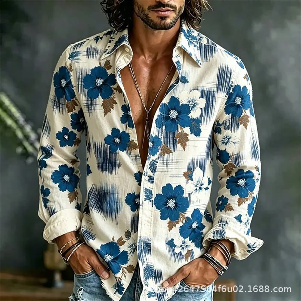 2026 Black Base Colorful Floral Long-Sleeve Shirt Retro Bohemian Vacation Style Men's Shirt