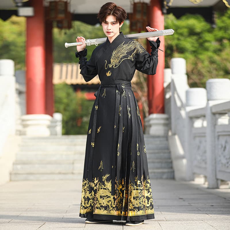 2024 new real-shot original men's Chinese-style embroidered cross-collar long-sleeve top horse-face skirt Hanfu martial arts style CP set