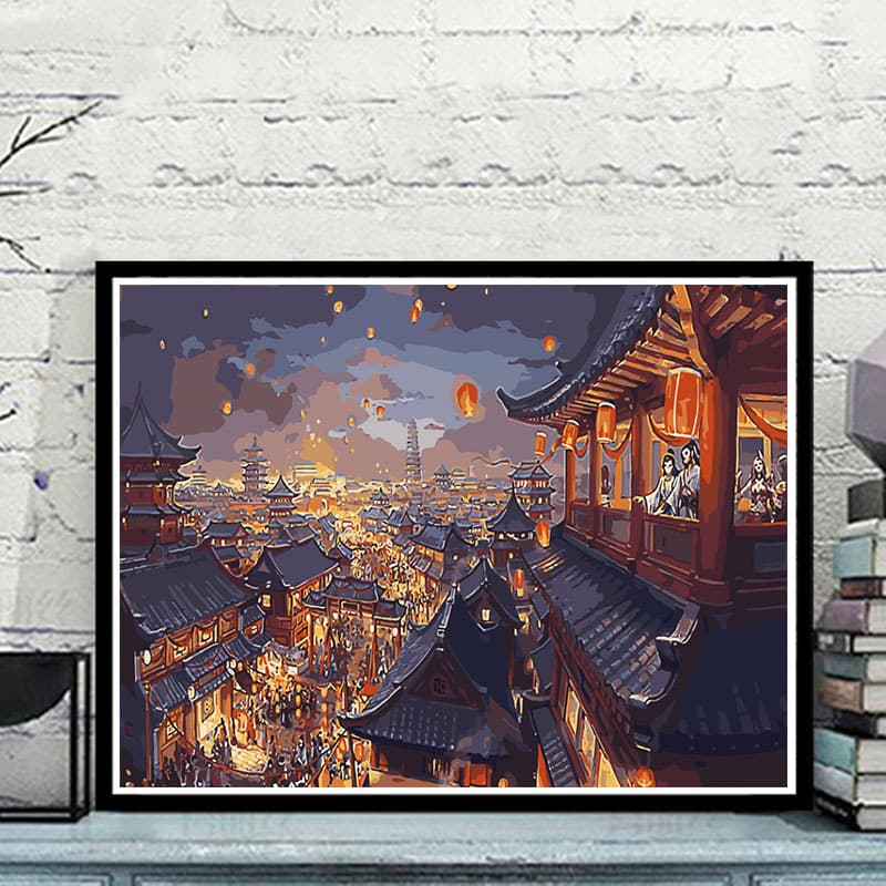 Factory wholesale DIY digital oil painting, living room landscape, architecture, flower coloring, handmade painting, lanterns at dusk, Kongming lanterns