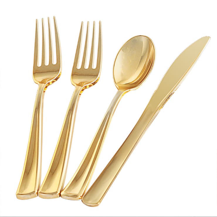 Spot foreign trade dinner plate plastic gold fork disposable knife, fork and spoon set rose gold tableware wholesale cross-border