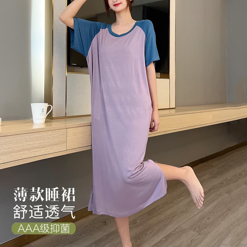 Short Sleeve Sleep Dress Women Summer Loose Modal Color Block Dress Wearable Out Versatile Homewear Thin Long Dress