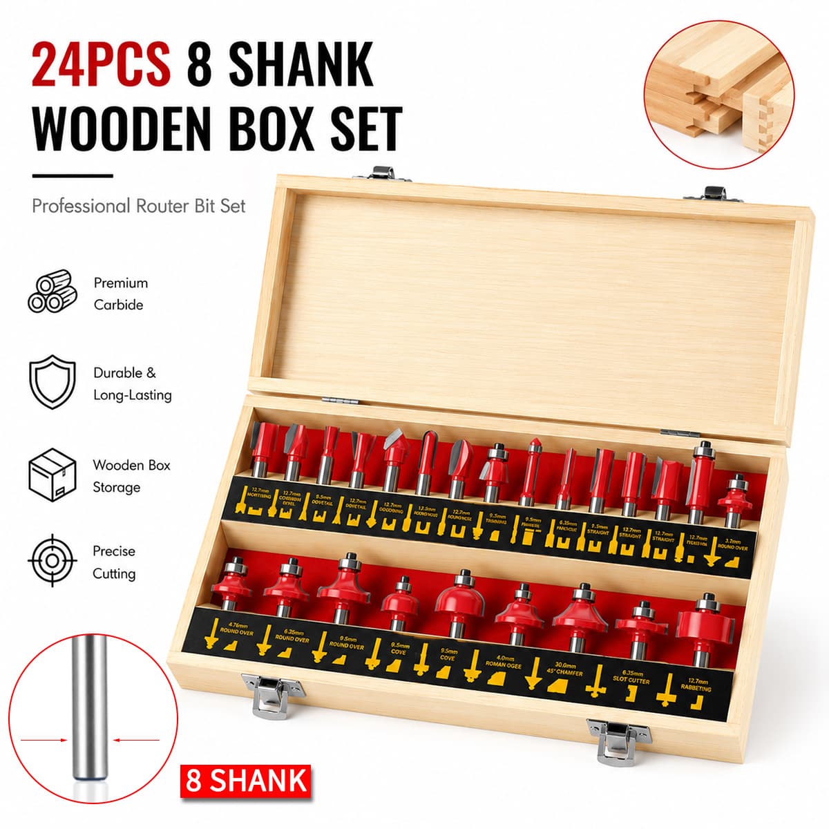 Wooden box 24-piece set of woodworking milling cutter with 8 handles, suitable for trimming, electromechanical wood milling straight knife, complete set of cutter heads for plate processing