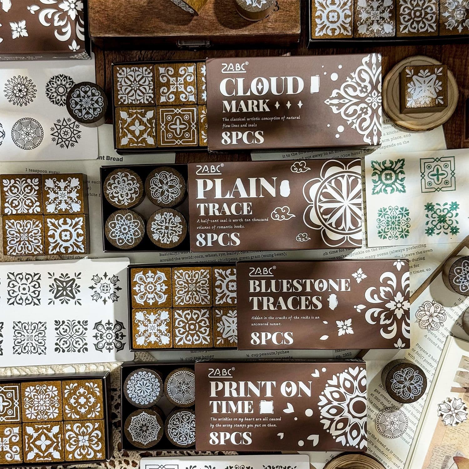 Engraved wooden seal set box diy handbook diary printing cross-border retro pattern decorative beech wood seal