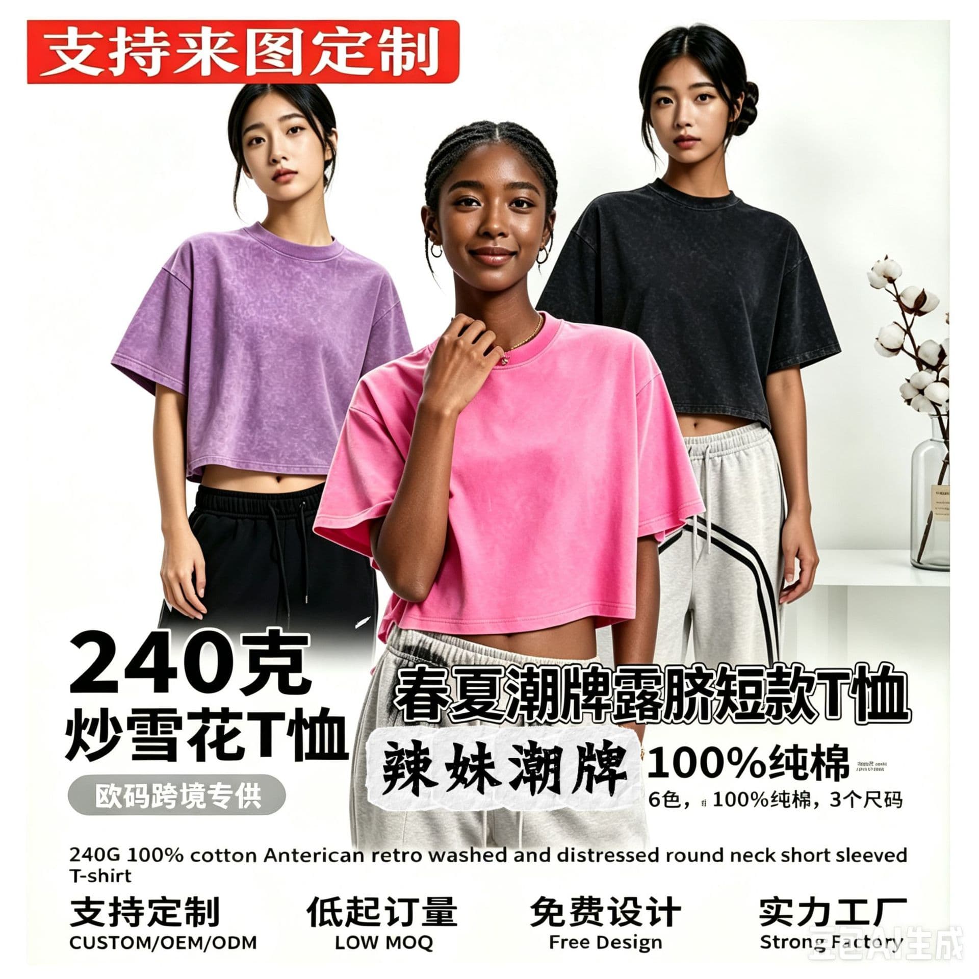 Heavyweight Washed Snowflake Cross-Border High-Street Cropped Blank T-Shirt for Logo Printing