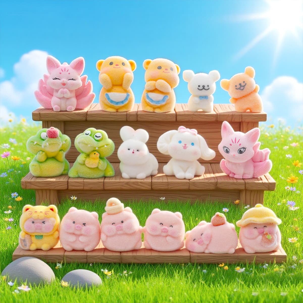 Flocked Plush Bear Rabbit Animal Figurine DIY Decoration Baby Keychain Pendant Accessory Mini Ornament