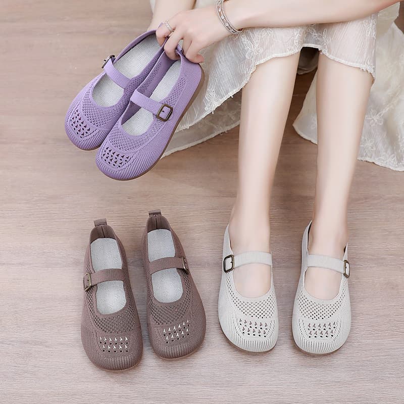 Old Beijing Cloth Shoes for Women Summer New Knitted Breathable Birkenstock Shoes, Middle-Aged and Elderly Walking Shoes, Soft Sole Comfortable Mother's Shoes