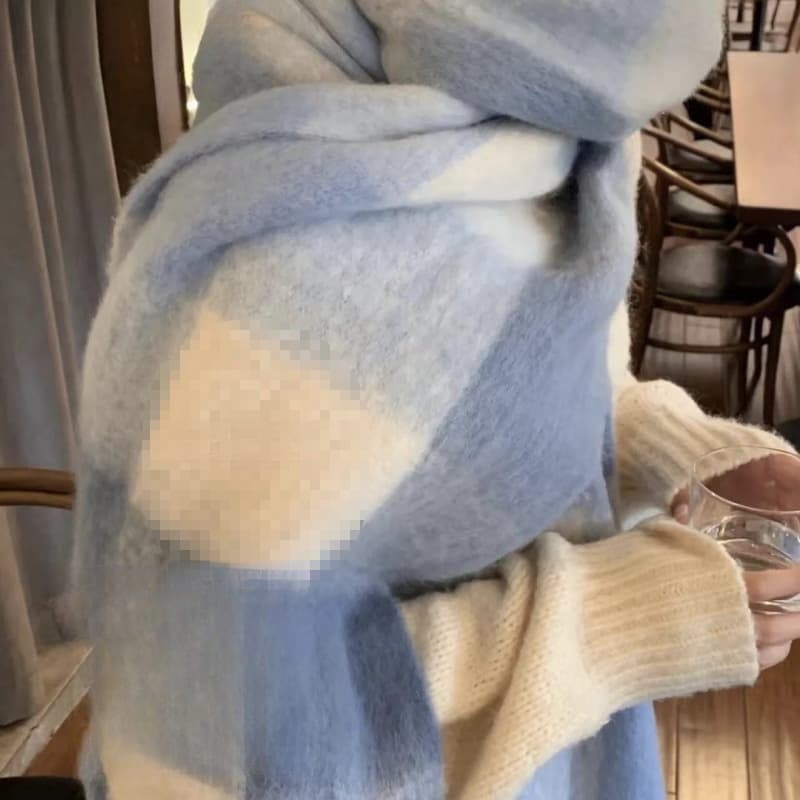 Autumn/Winter New Thickened Warm Rainbow Plaid Scarf with European/American Loop Yarn and Chunky Tassel Color-block Shawl