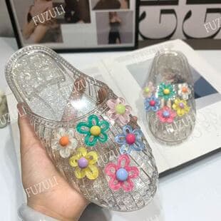 Crystal Slippers for Women Summer Outdoor Flower Decor Jelly Crystal Shoes Toe-Covered Slippers Breathable Home Anti-Slip Slippers