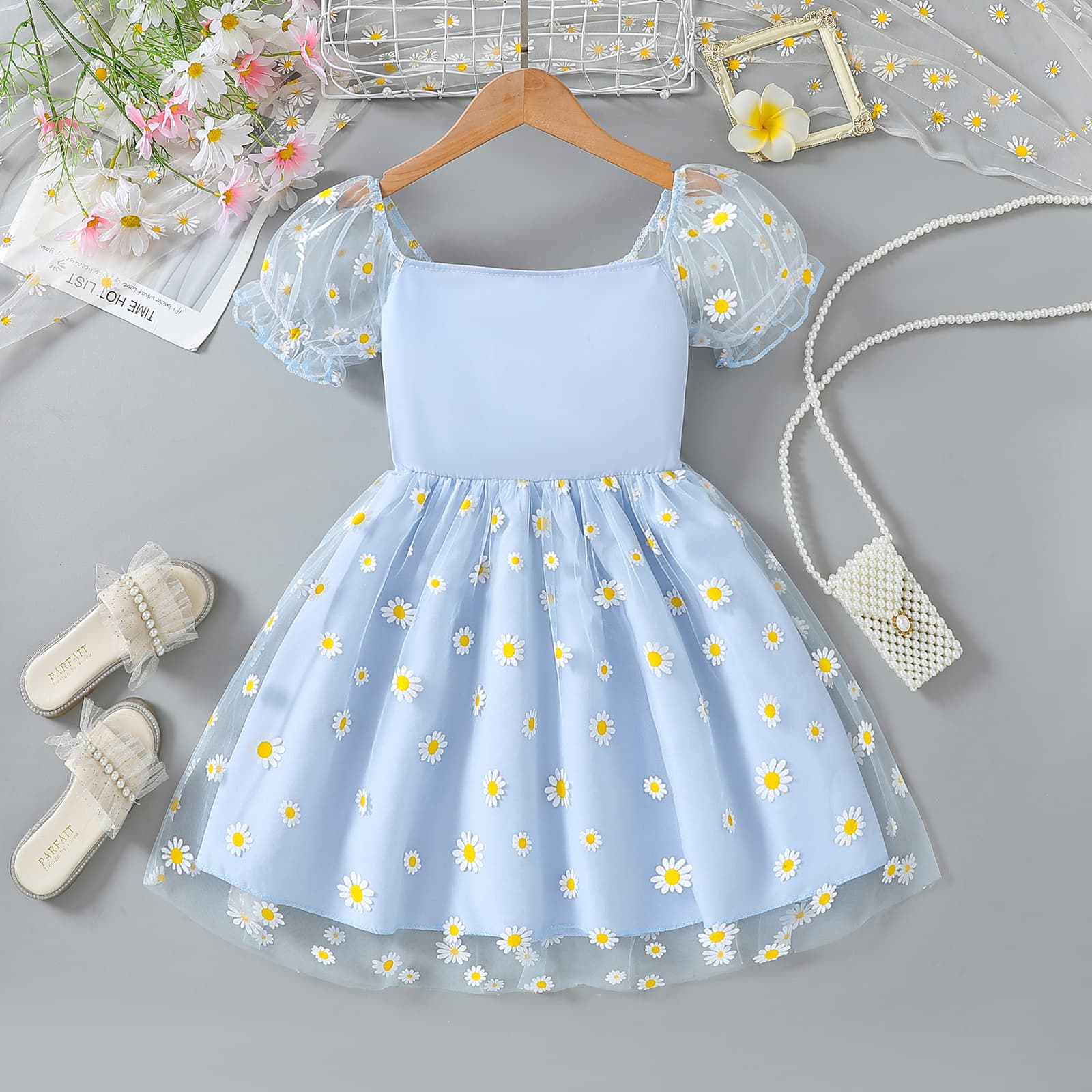 Little Girl Summer Dress Children's Chrysanthemum Mesh Tulle Dress Girl's Dress 2026 New Fashionable Dress