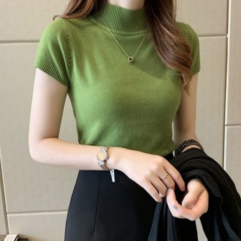 Women's Half Turtleneck Short Sleeve Knit Top, Summer Base Layer Shirt, Slim Fit Crop Top, T-Shirt, 2026 New Spring Arrival