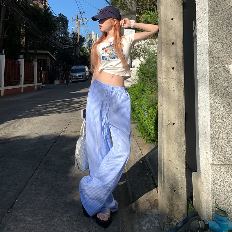 【Won Young】Relaxing holiday｜Versatile for walking｜Slimming and relaxed striped casual pants regular&