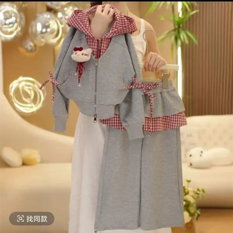 Girls' spring new hooded splicing fake two-piece sweatshirt suit little girl's trendy and cool wide-leg pants and skirt two-piece set