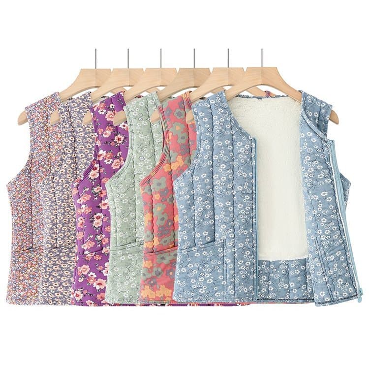 Middle-aged and elderly women's autumn and winter back fleece-lined zip-up vest, waist-protecting vest, thick mother's style sleeveless waistcoat for indoor and outdoor wear.