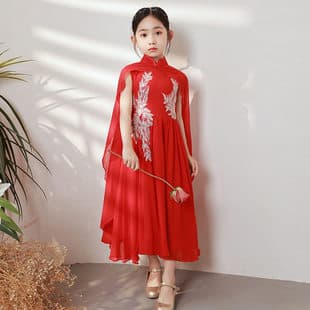 Red Girls Guzheng Performance Dress Children's Recital Gown Chinese Style Chorus Wear High-End Children's Gown