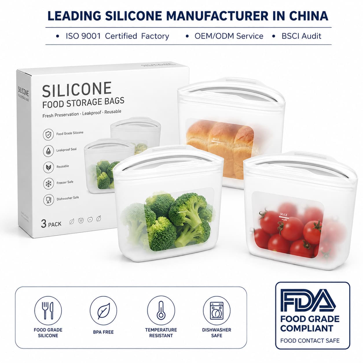 Custom Supermarket Silicone Reusable Food Storage Bags for Boiling, Refrigeration, and Portioning - Food-Grade Silicone Fresh-Keeping Bags
