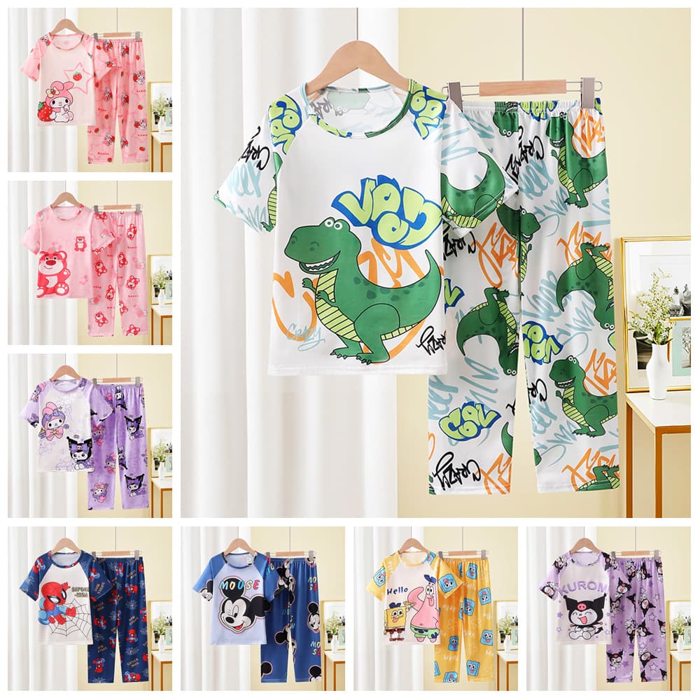 Children's Pajamas Short Sleeve Top and Long Pants Set for Boys and Girls, Spring Summer Autumn, Cartoon Kids Youth Homewear Set