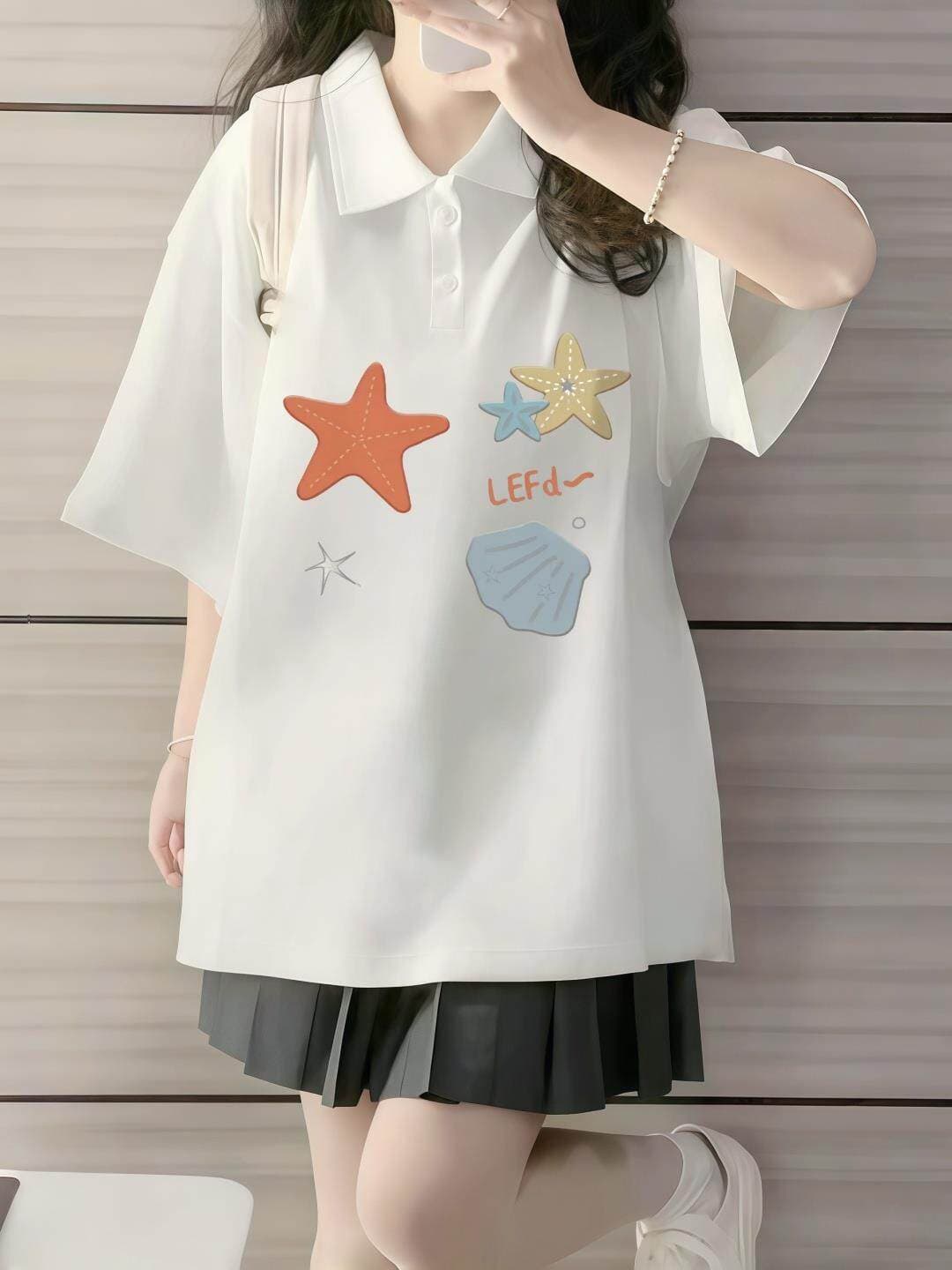 Stylish Short Sleeve T-Shirt for Girls Junior High Summer Wear Loose Cotton Collar Top for Teens and High School Students