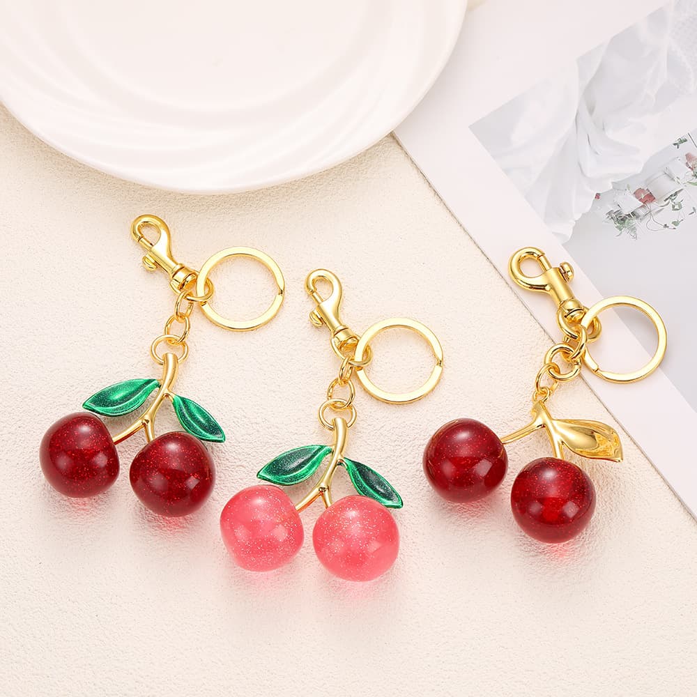 Cherry Crystal Metal Keychain Bag Pendant Women's Beautiful Car Keychain School Bag Accessory Cross-Border Jewelry