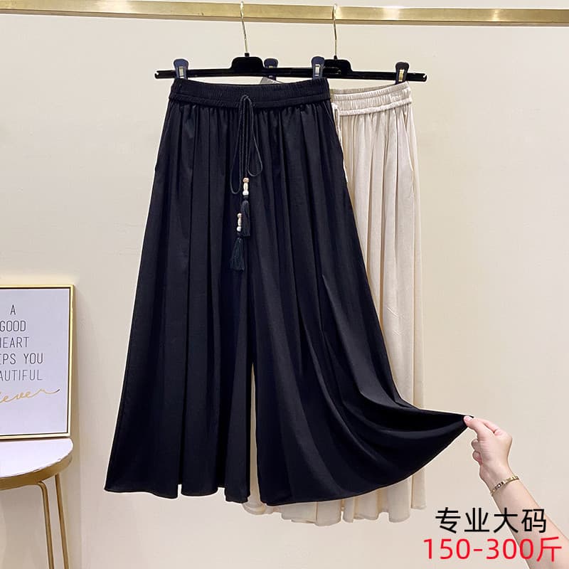 Plus Size Women's Chinese Style Ice Silk Cotton Wide Leg Pants Skirt Summer Thin Ethnic Style Capri Pants High Waist Slimming Casual Pants 8591
