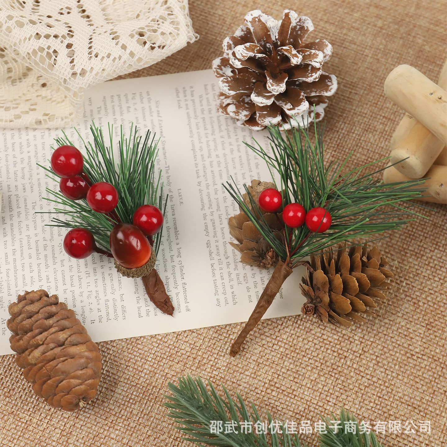 Artificial Pine Cone Pine Branch Red Berry Christmas Decoration Simulated Flower Pine Stem Ornament