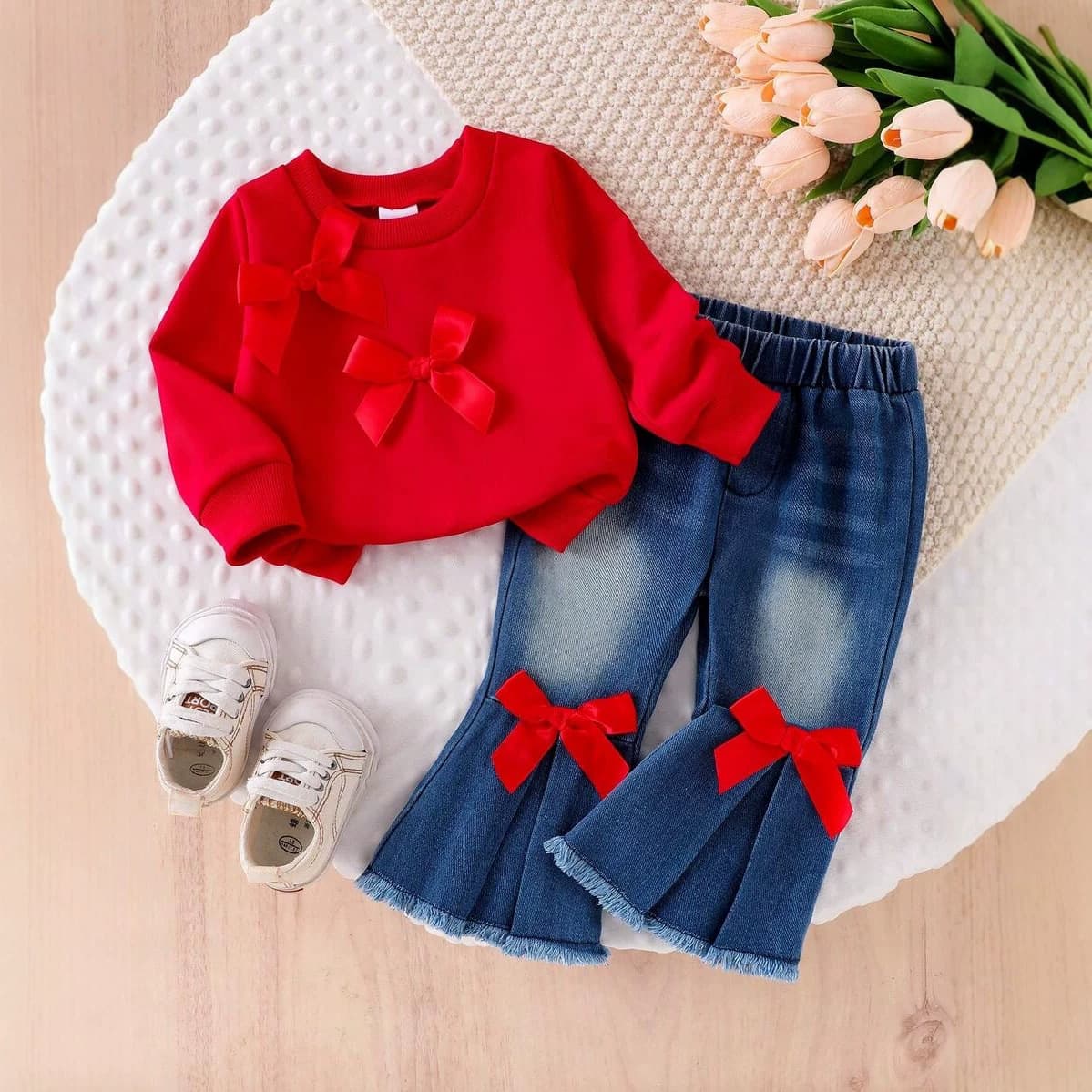 Summer Foreign Trade Girls' Set European and American Cross-border Hot-selling Red Cami with Large Bow Patchwork Jeans Two-piece Set