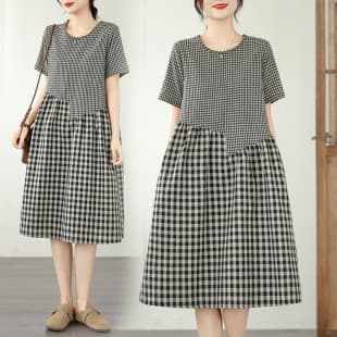 Vintage Plaid Patchwork Cotton Linen Dress for Women 2026 Summer New Loose Slimming Casual A-Line Dress