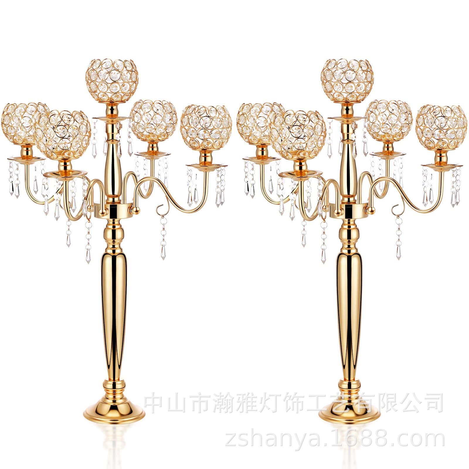 5-Arm Crystal Candle Holder Centerpiece, Golden Candle Holder, Tall Crystal Candle Holder, Golden Candle Holder Wedding Aisle