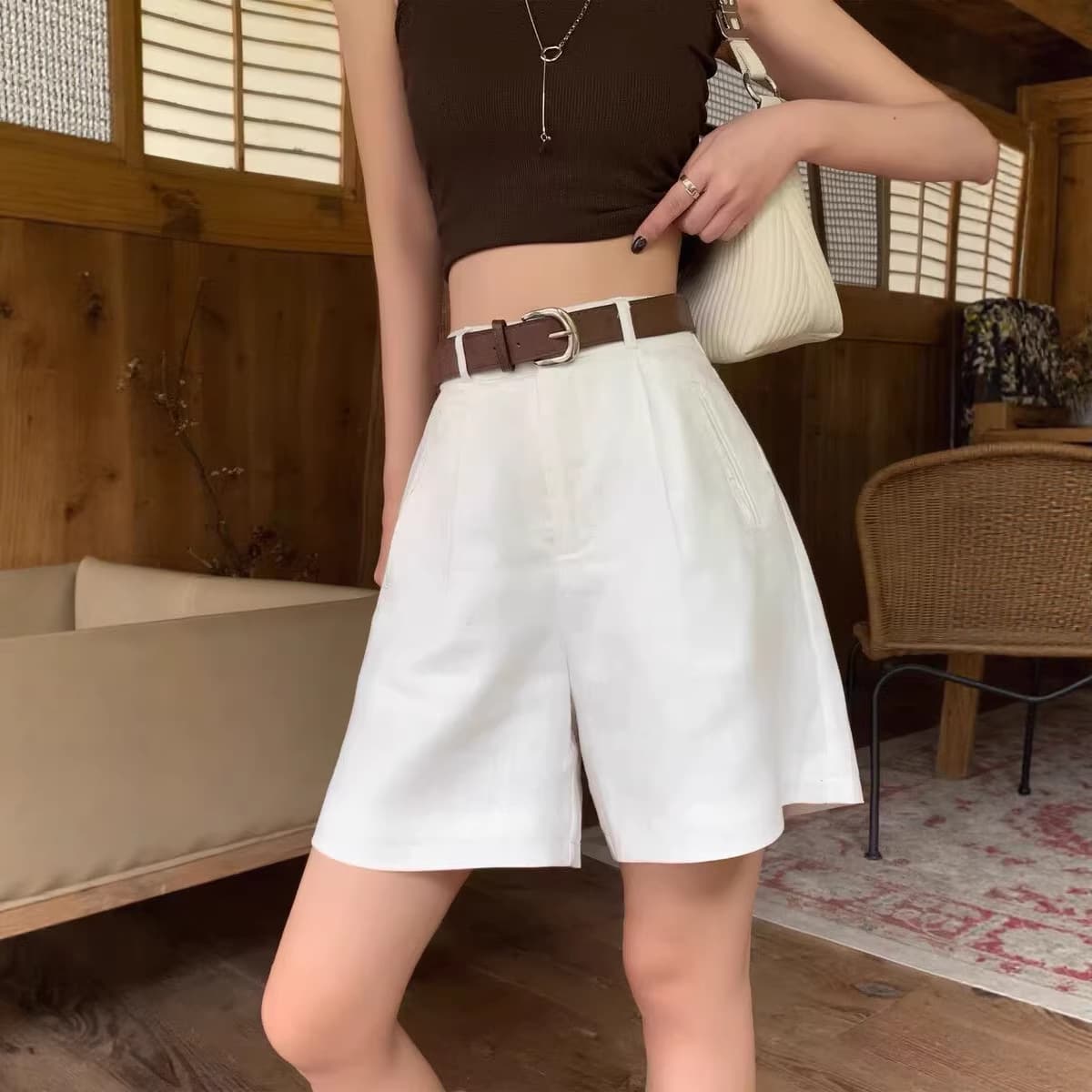 Women's White Linen Suit Shorts 2026 New Summer Casual Cotton Linen Loose Fit Mid-Length Shorts for Petite