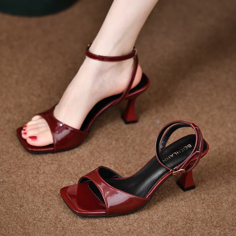 2025 Spring/Summer New Women's Black Stiletto Heel Elegance Ankle Strap High Heels Square Toe Open Toe One-Strap Sandals
