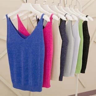 Shiny Knit Camisole Women's Summer Thin Short Sexy Silver Thread Tank Top for AliExpress Amazon