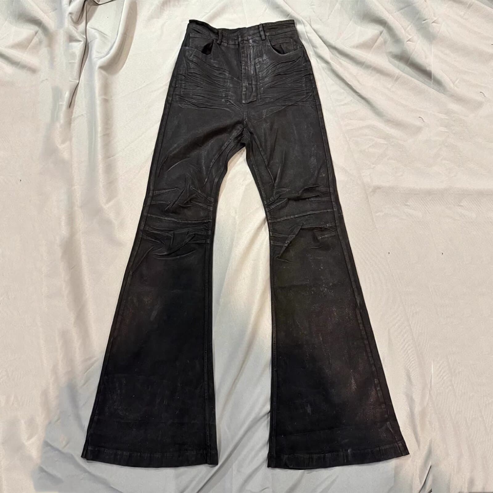 American High-Street Vibe Style Niche Hand-Waxed Coated Micro-Flared Floor-Length Jeans for Men, Stretch Straight-Leg Long Pants