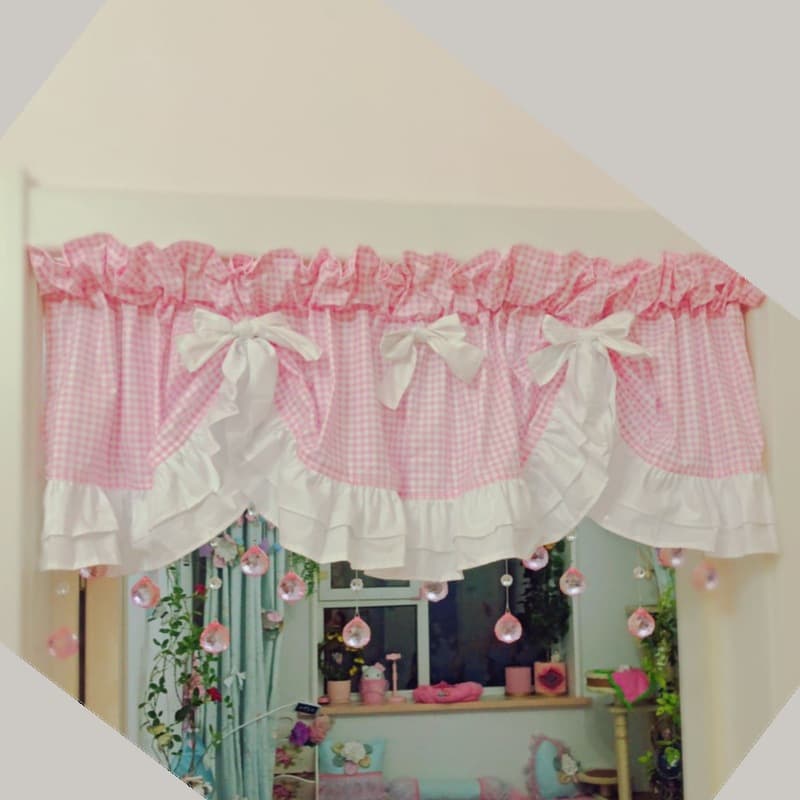 Curved Pink Plaid Window Valance Decorative Short Curtain Kitchen Bedroom Door Curtain Rustic Half Curtain Cover Cloth