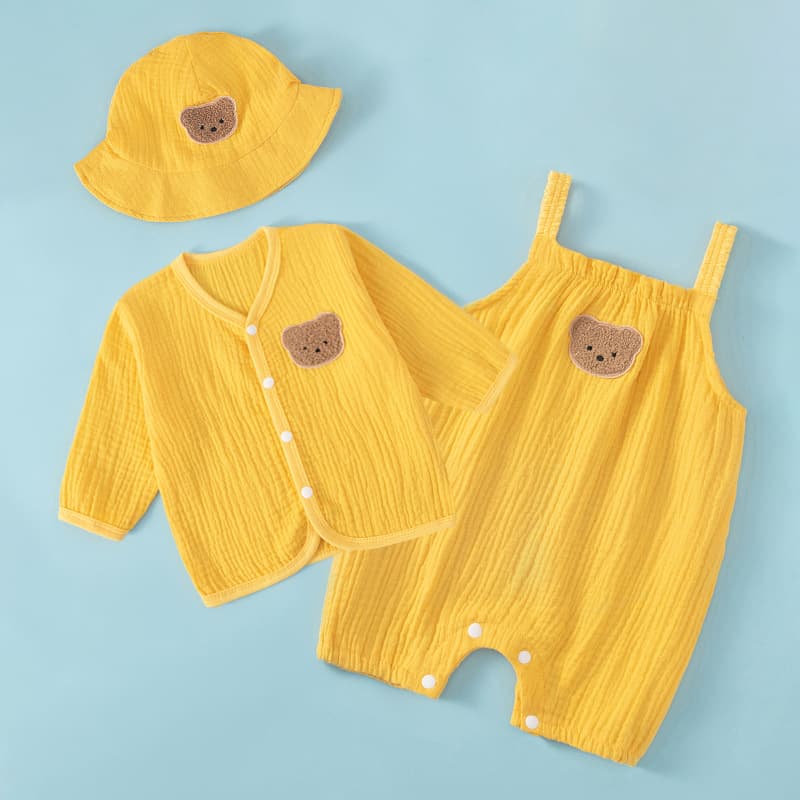 Baby Summer Cotton Gauze Cardigan and Camisole 3-Piece Set, Adorable Unisex Bodysuit for Outings