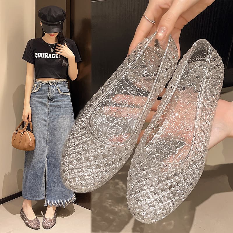 Sparkling Crystal Women's Beach Flats, Hollow-out Perforated Shoes, Breathable Jelly Shoes, Mother's Single Shoes, Summer Sandals
