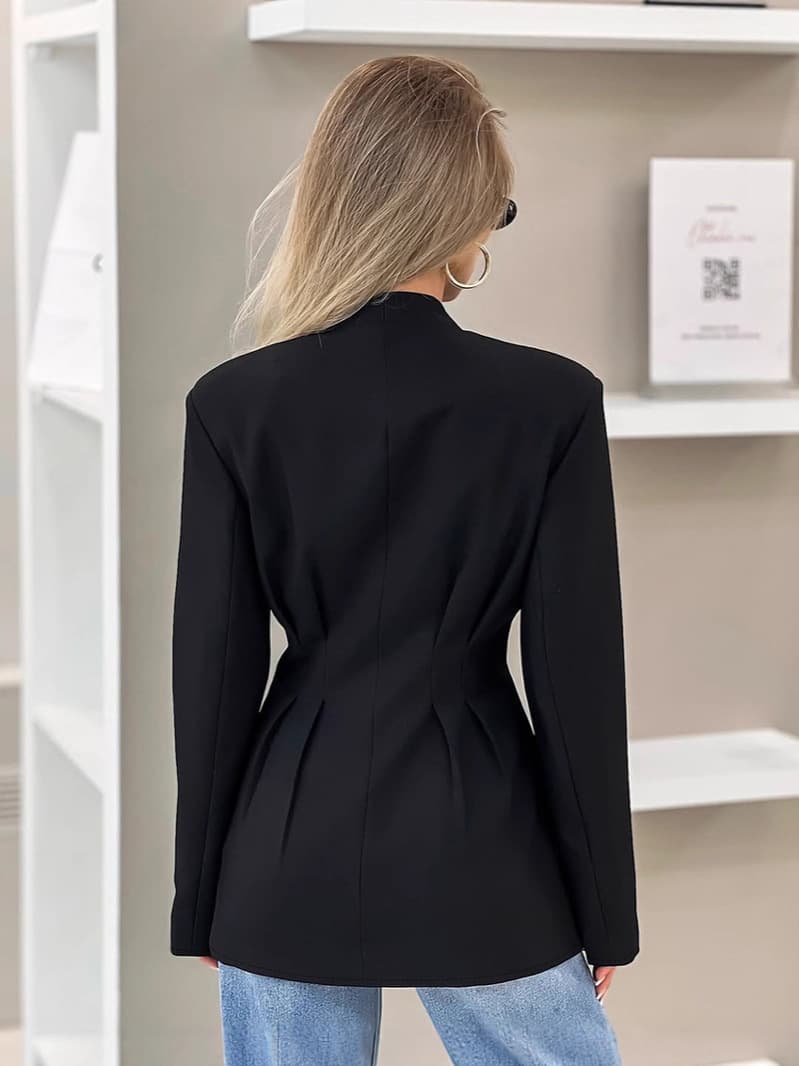 Women's Autumn Elegant Slim Fit Black Blazer with V-Neck, Office Wear Design