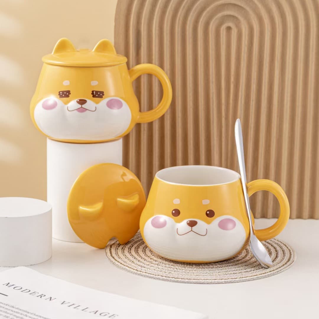 Cute Cartoon Shiba Inu Ceramic Mugs with Lid Spoon Doggies Coffee Cups Personalized Souvenir Gifts Business Promotional Items